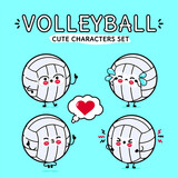 Funny cute happy volleyball characters bundle set. Vector hand drawn doodle style cartoon character illustration icon design. Isolated on blue background. Volleyball ball mascot character collection