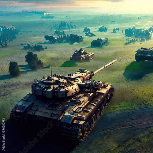 Tanks are moving on the battlefield. Counteroffensive operation. 