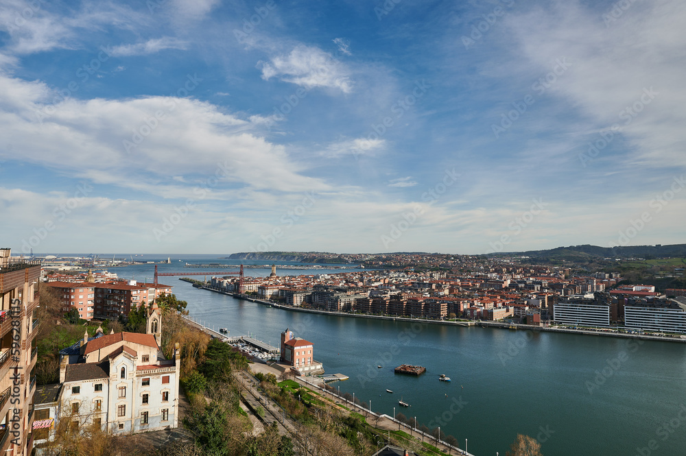 View of the Transporter Bridge, Nervion river and Getxo from Portugalete
