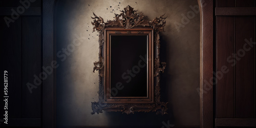 Wooden Door And Window With Mirrored Reflection And Dark Shadow On Wall In Room With Wooden Frame: Stock Photo Frame Mockup Template Generative AI