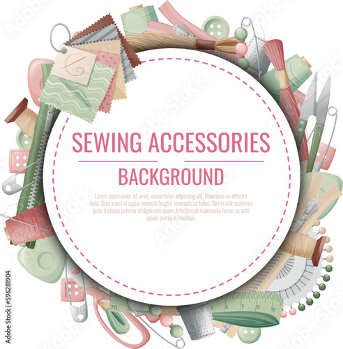 Frame with sewing accessories. Vector template with drawn colorful illustrations of sewing tools and supplies. Poster, banner for a sewing shop or studio