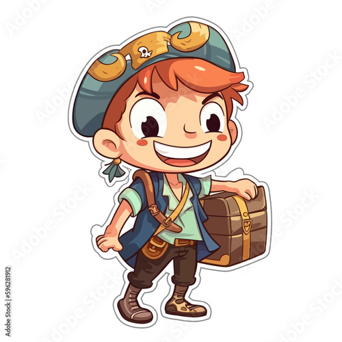 Smiling pirate with treasure. The adventure of the corsairs. Cartoon vector illustration. label  sticker  t-shirt printing