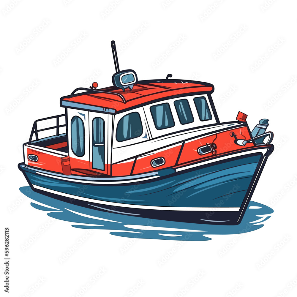 Small tourist excursion boat. Motor boat for divers or fishermen. Cartoon vector illustration. label, sticker, t-shirt printing Small tourist excursion boat. Motor boat for divers or fishermen. Cartoon vector illustration. label, sticker, t-shirt printing