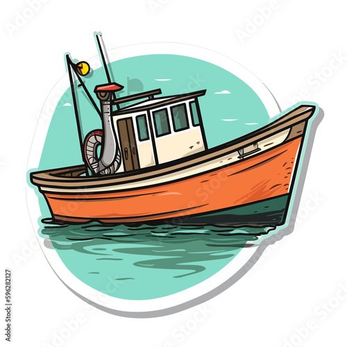 A small fishing boat. Motor boat for divers or fishermen. Cartoon vector illustration. label, sticker, t-shirt printing