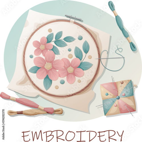Postcard with sewing tools. Embroidery, hobby, needlework. Illustration with hoop, thread, pincushion. Background, banner flyer for sewing workshop.