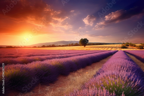 Provence, lavender field, sunrise, Generative AI