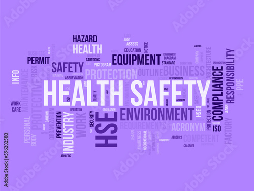 Word cloud background concept for Health Safety Environment (HSE). Business education regulation, safe workplace quality of security equipment permit. vector illustration.