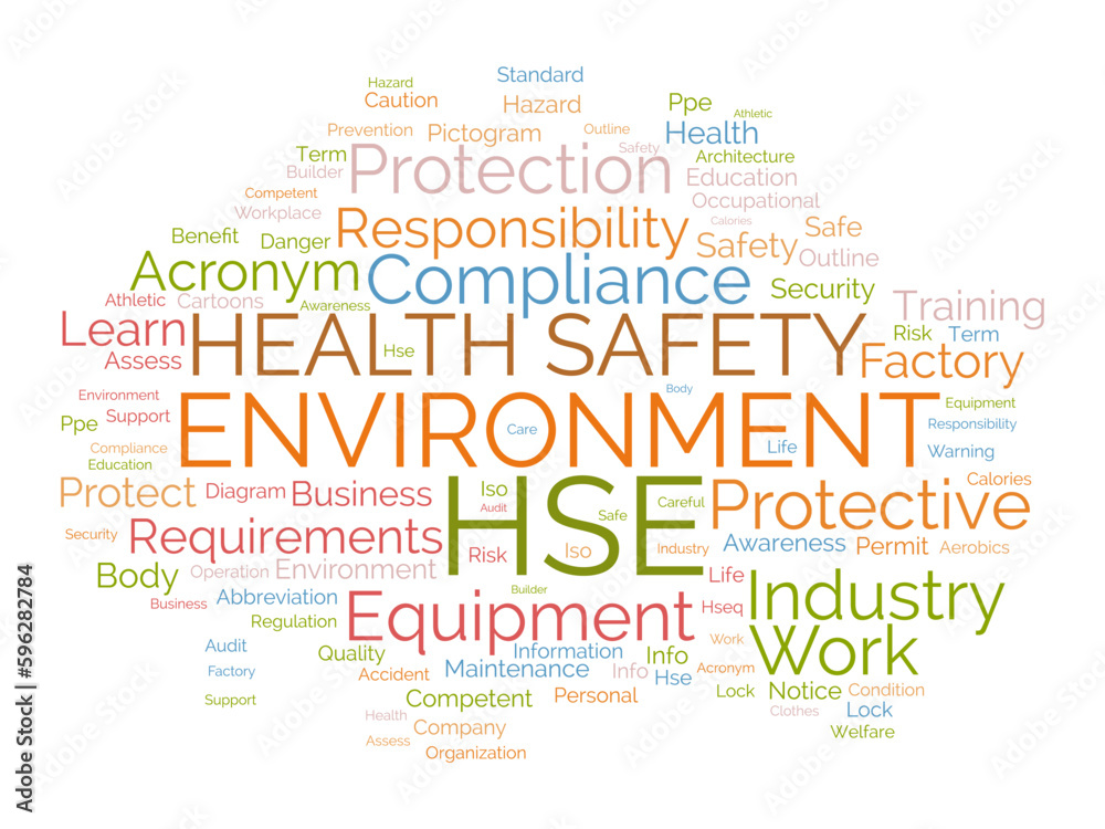 Word cloud background concept for Health Safety Environment (HSE). Business education regulation, safe workplace quality of security equipment permit. vector illustration. Word cloud background concept for Health Safety Environment (HSE). Business education regulation, safe workplace quality of security equipment permit. vector illustration.