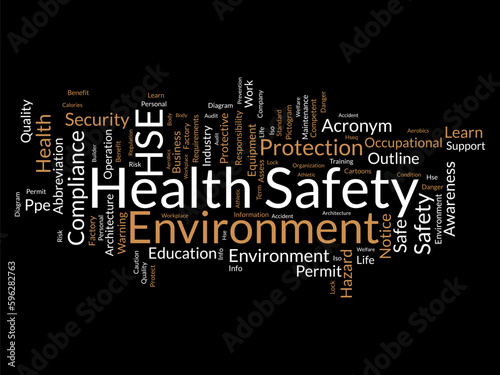 Word cloud background concept for Health Safety Environment (HSE). Business education regulation, safe workplace quality of security equipment permit. vector illustration.
