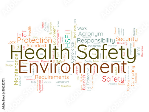Word cloud background concept for Health Safety Environment (HSE). Business education regulation, safe workplace quality of security equipment permit. vector illustration.