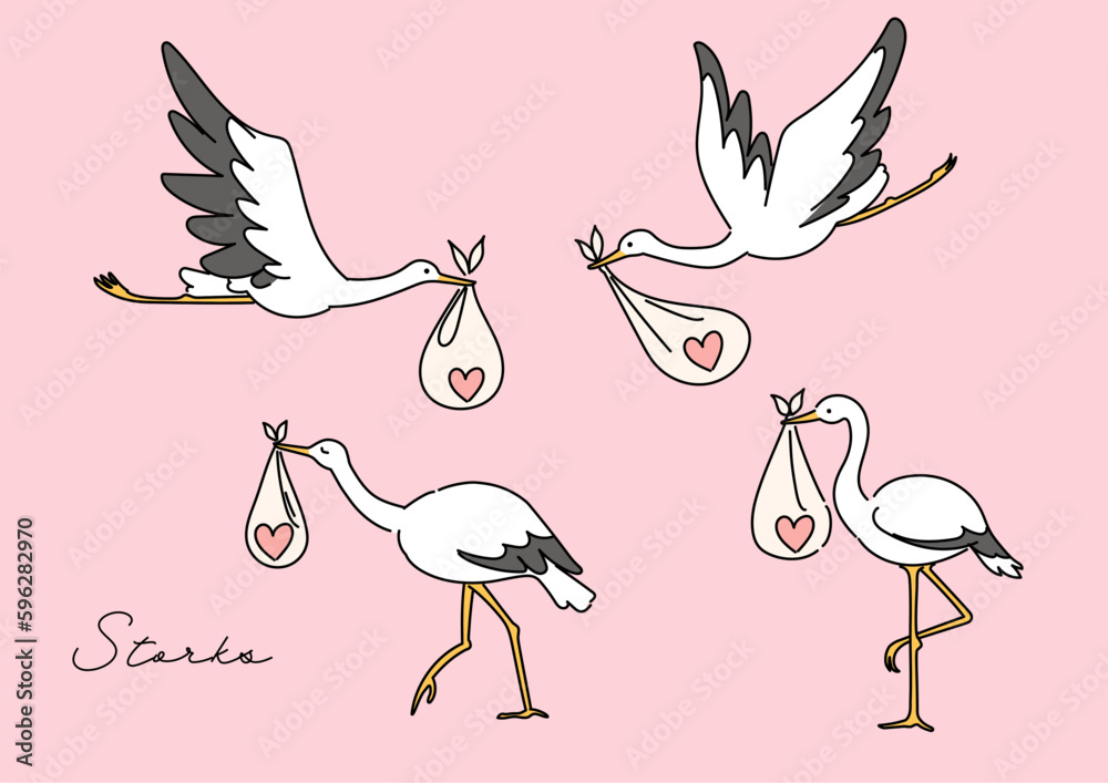 おくるみに入ったハートを運ぶコウノトリのベクター線イラスト おくるみに入ったハートを運ぶコウノトリのベクター線イラスト