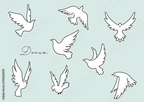躍動的に羽ばたく白い鳩のシンプルなベクター線イラストセット