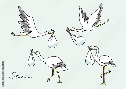 おくるみに入った赤ちゃんを運ぶコウノトリの水彩テクスチャーイラスト