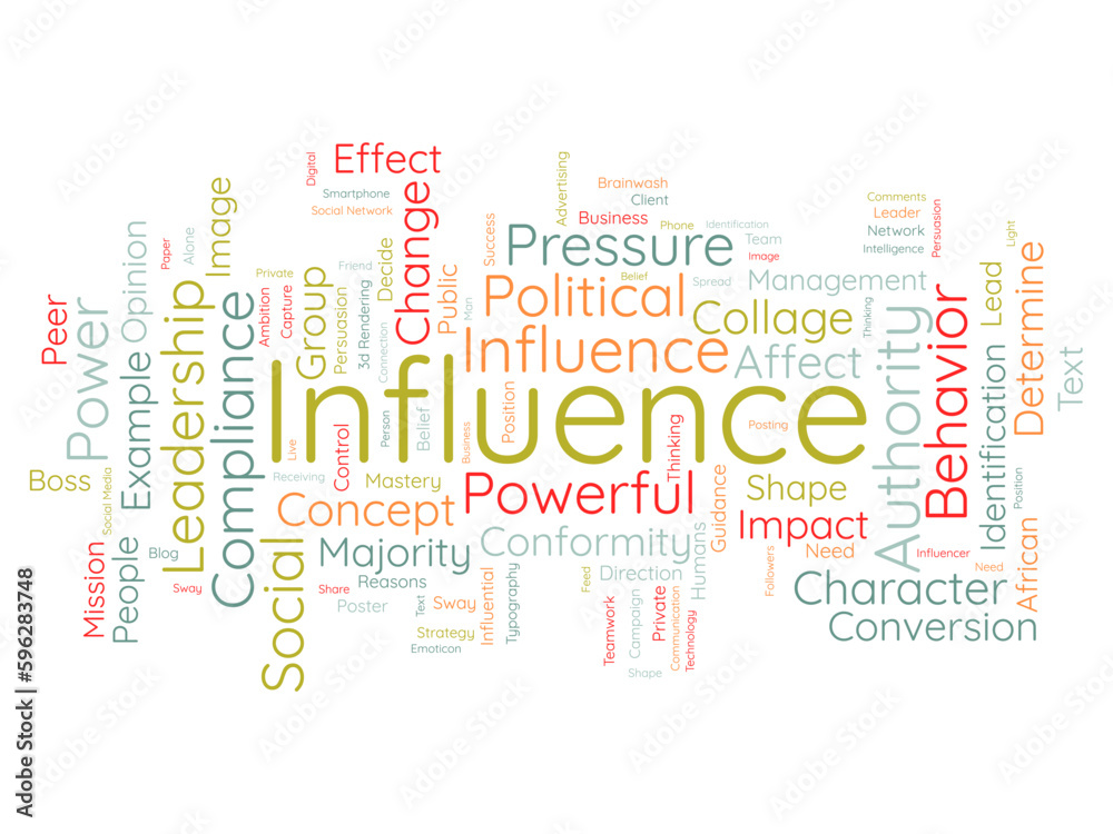 Fototapeta premium Word cloud background concept for Influence. leadership influence power for client management, share strategy concept. vector illustration.