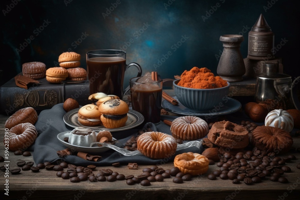 Coffee and sweets arranged in a still life composition. Generative AI