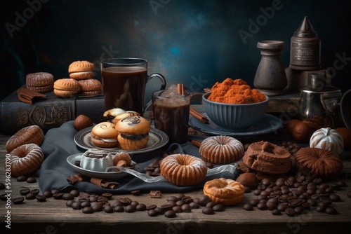 Coffee and sweets arranged in a still life composition. Generative AI