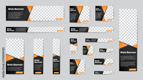 Business banner standard size in horizontal and vertical rectangle, and square template set for web design. Black and orange gradient triangle header with place of photos. Vector illustration.