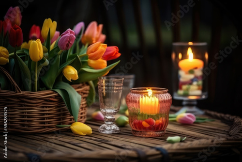 Tulips on a wooden table. Generative AI.