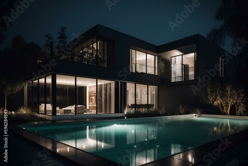 A modern beautiful house with a pool at night. Generative AI