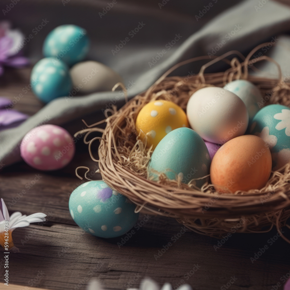 Easter colored eggs in a basket. Generative AI. Easter colored eggs in a basket. Generative AI.