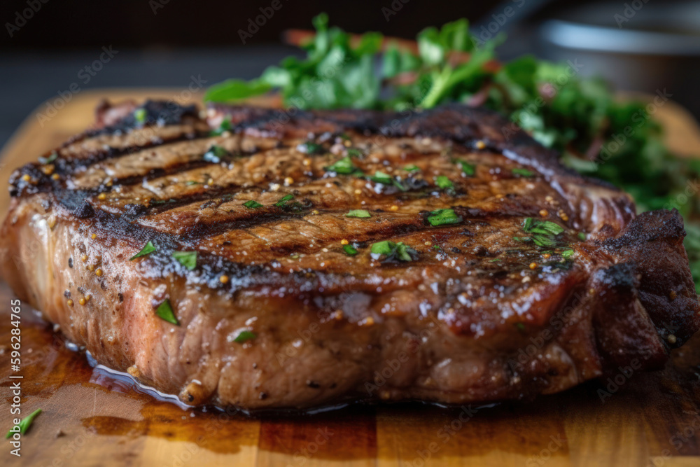 Grilled steak on a cutting board. Generative AI. Grilled steak on a cutting board. Generative AI.
