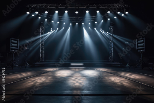 Free stage with lights, lighting devices. Generative AI.