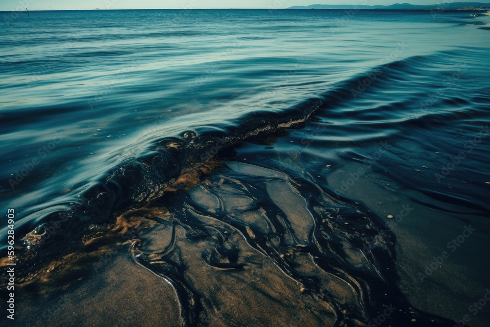 The sea and the beach are polluted with oil. Generative AI.