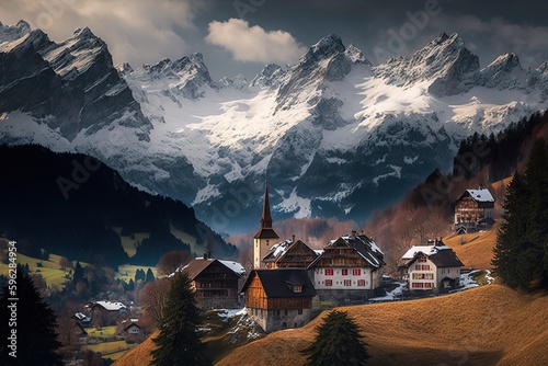 Swiss alps and the town of boltigen near jaun pass in the canton of fribourg. Generative AI photo