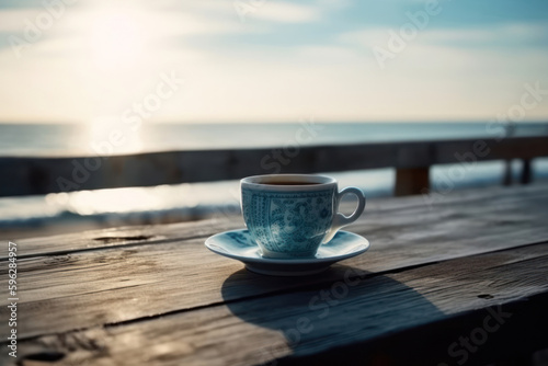 Coffee mug on a wooden table against the background of the sea. Generative AI.