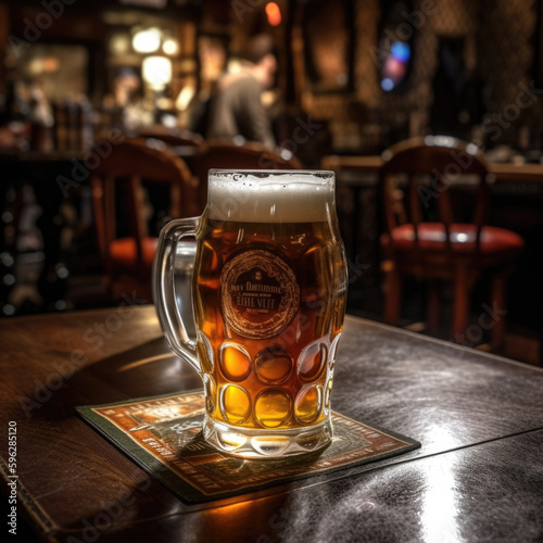 Glass of beer on the table in the bar. Generative AI.