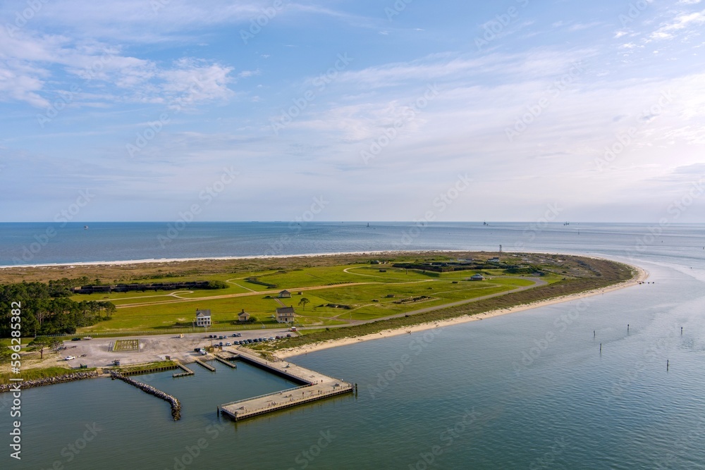Fototapeta premium Aerial view of Fort Morgan, Alabama beach in April 2023
