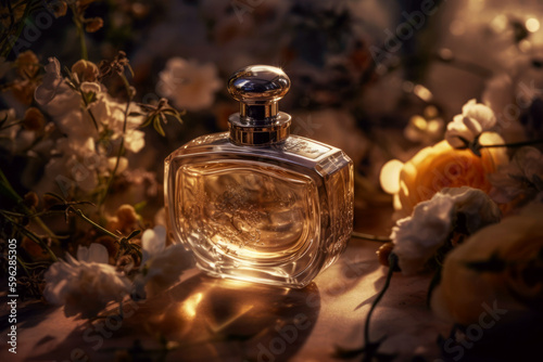 Perfume surrounded by flowers. Generative AI.