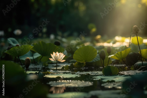 Lotus flower in pond. Generative AI.