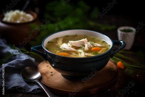 Chicken soup in blue rustic bowl, chicken broth