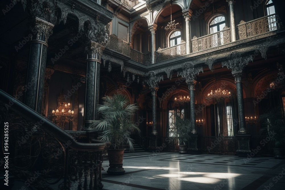 Luxurious fantasy palace with regal decorations and medieval features. Beautifully drawn artwork. Generative AI