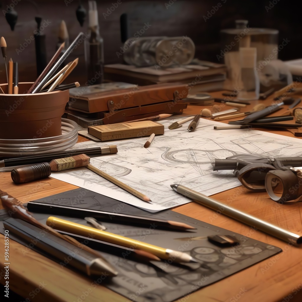 A set of drafting tools on a desk A set of drafting tools on a desk