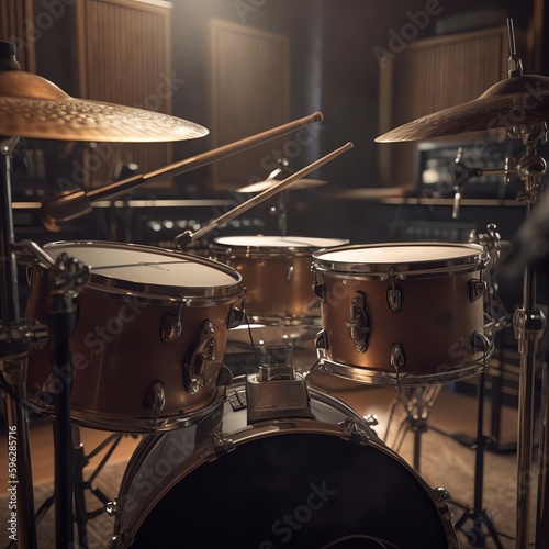 A drum kit with a set of drumsticks on top.