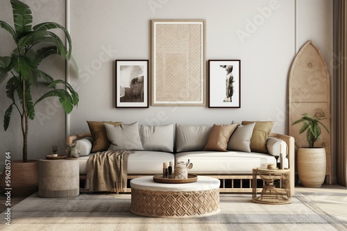 Boho living room with 3D rendered frame mockup. Generative AI