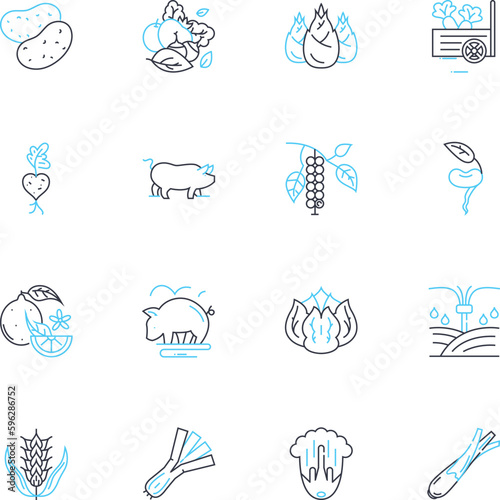 Green farming linear icons set. Sustainable, Organic, Eco-friendly, Biodynamic, Permaculture, Natural, Regenerative line vector and concept signs. Biodiversity,Soil,Composting outline illustrations