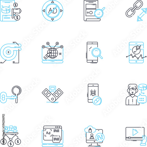 Brand strategy linear icons set. Identity, Positioning, Culture, Differentiation, Consistency, Innovation, Mission line vector and concept signs. Vision,Targeting,Storytelling outline illustrations