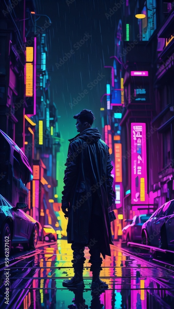 AI art of a Man standing in Neon City Road 