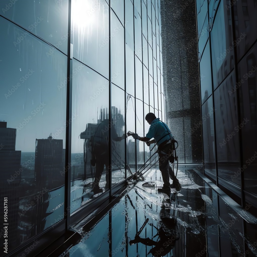 A person cleaning windows on a building. A person cleaning windows on a building.