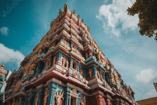 Stunning view of vibrant Hindu temple's gopura in Chennai, Tamil Nadu, India. Generative AI