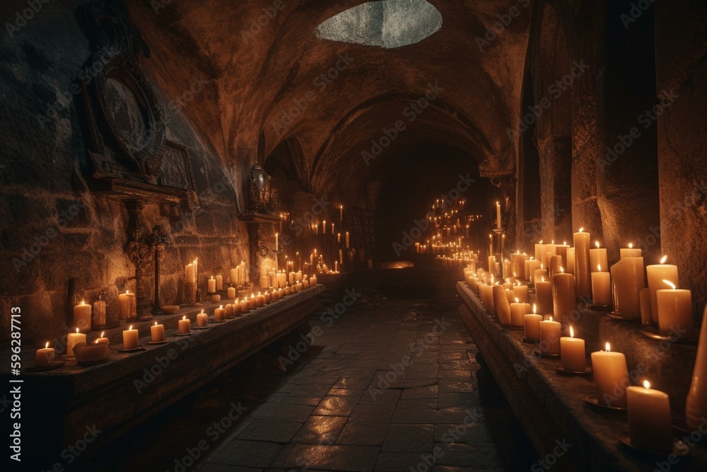 Candles and daylight illuminate the underground tunnel of the castle. Generative AI
