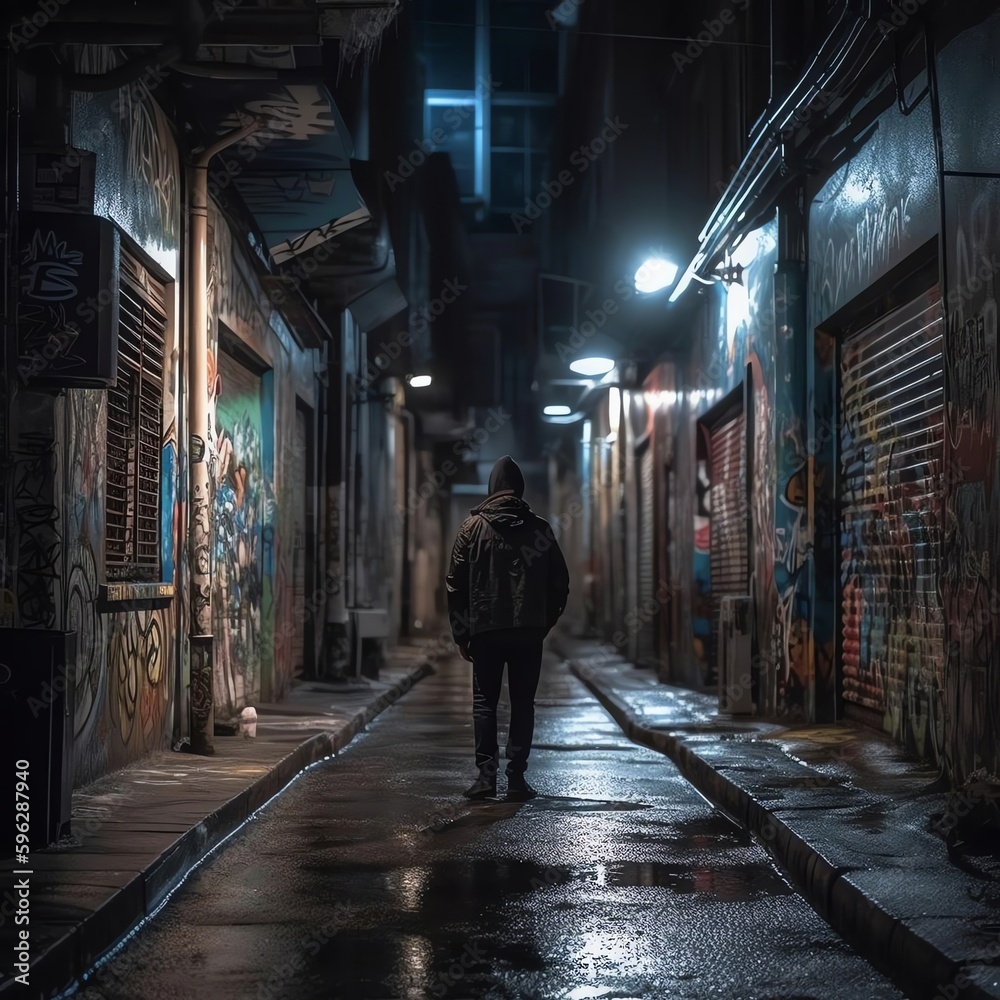 Lone Nighttime Walker in an Urban Landscape Lone Nighttime Walker in an Urban Landscape
