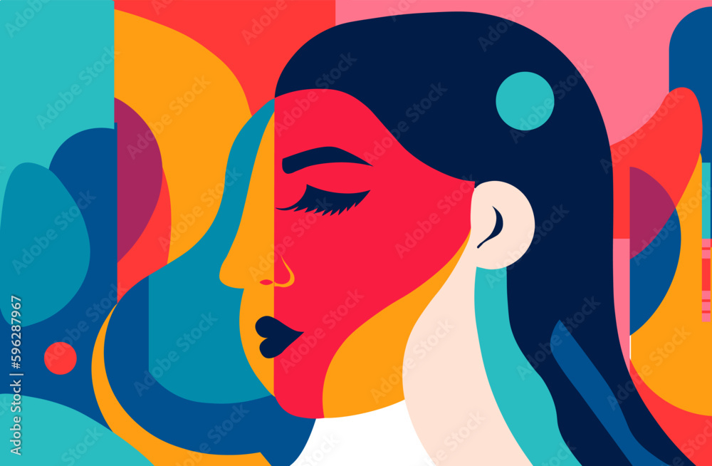 Abstract woman face collage in modern vector art design. Feminine abstraction poster in colorful pallette. Creative geometric female pattern in cubism style. - obrazy, fototapety, plakaty 