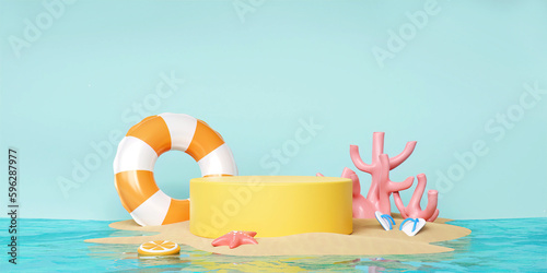 Yellow podium with summer swimming ring and beach accessories ready for summer vacation. Creative travel concept for product display. 3d rendering illustration.