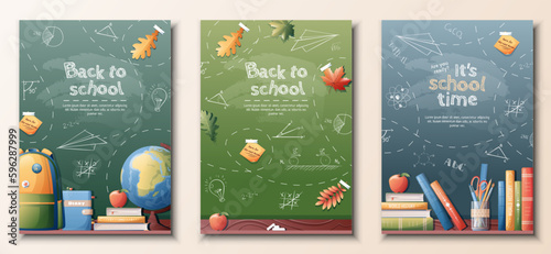 School banners set. Back to school, knowledge, education. Background with drawings drawn in chalk on a school blackboard. Vector set of a4 size flyers.