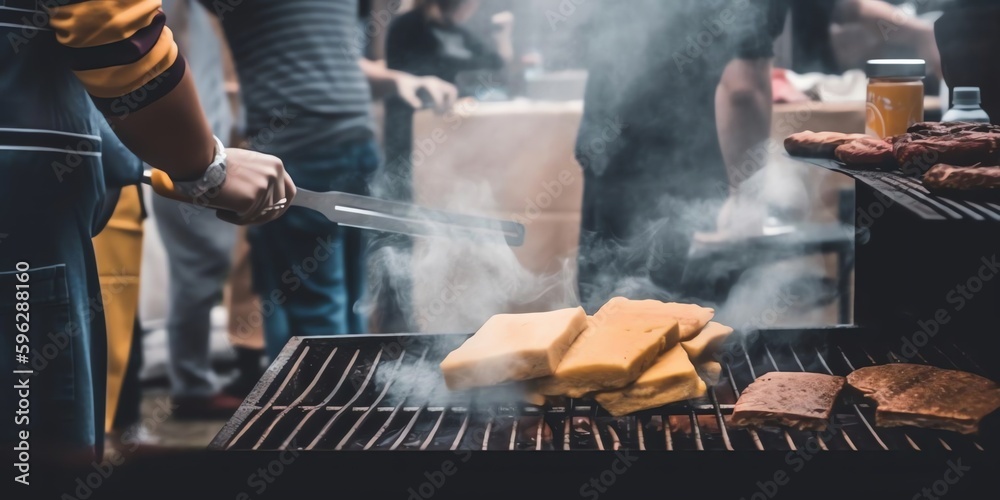 A group of friends having a barbecue in a backyard A group of friends having a barbecue in a backyard
