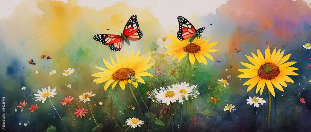 Watercolor illustration of butterflies fluttering over wild flowers in spring, Generative AI.